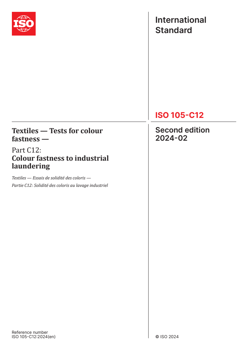 ISO 105-C12:2024 - Textiles — Tests for colour fastness — Part C12: Colour fastness to industrial laundering
Released:12. 02. 2024