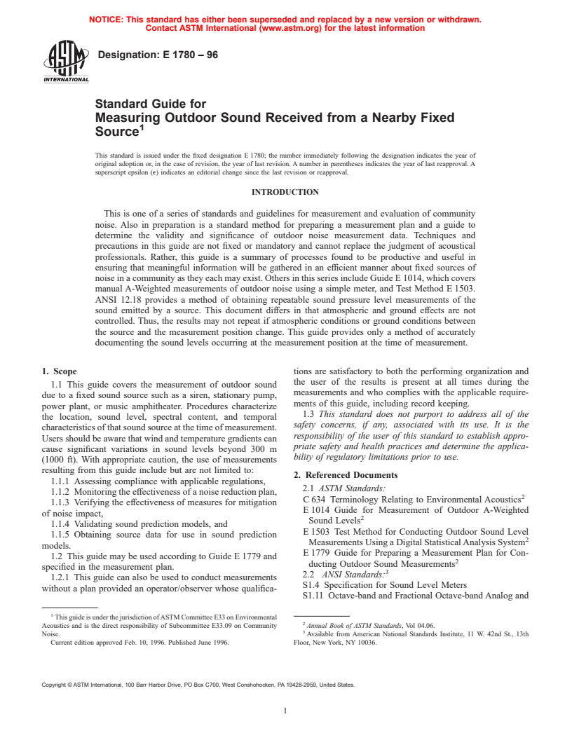 ASTM E1780-96 - Standard Guide for Measuring Outdoor Sound Received from a Nearby Fixed Source