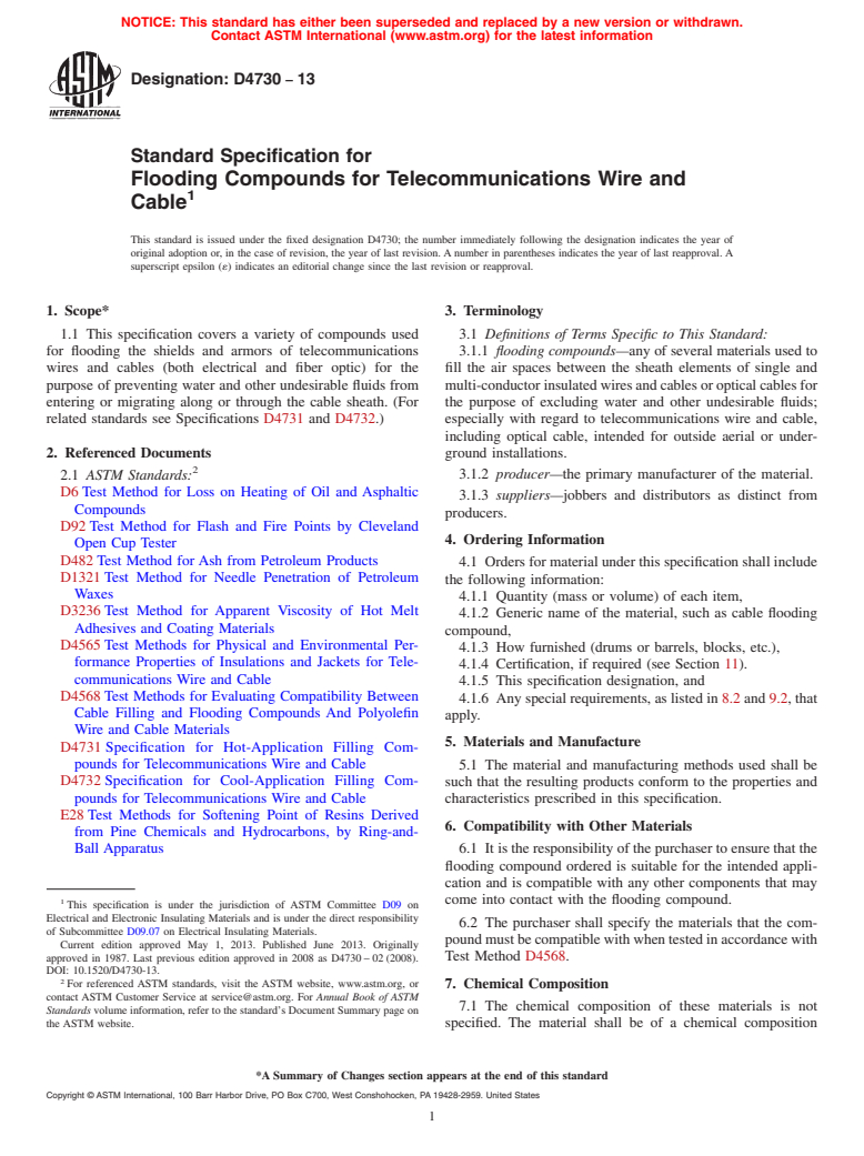 ASTM D4730-13 - Standard Specification for  Flooding Compounds for Telecommunications Wire and Cable