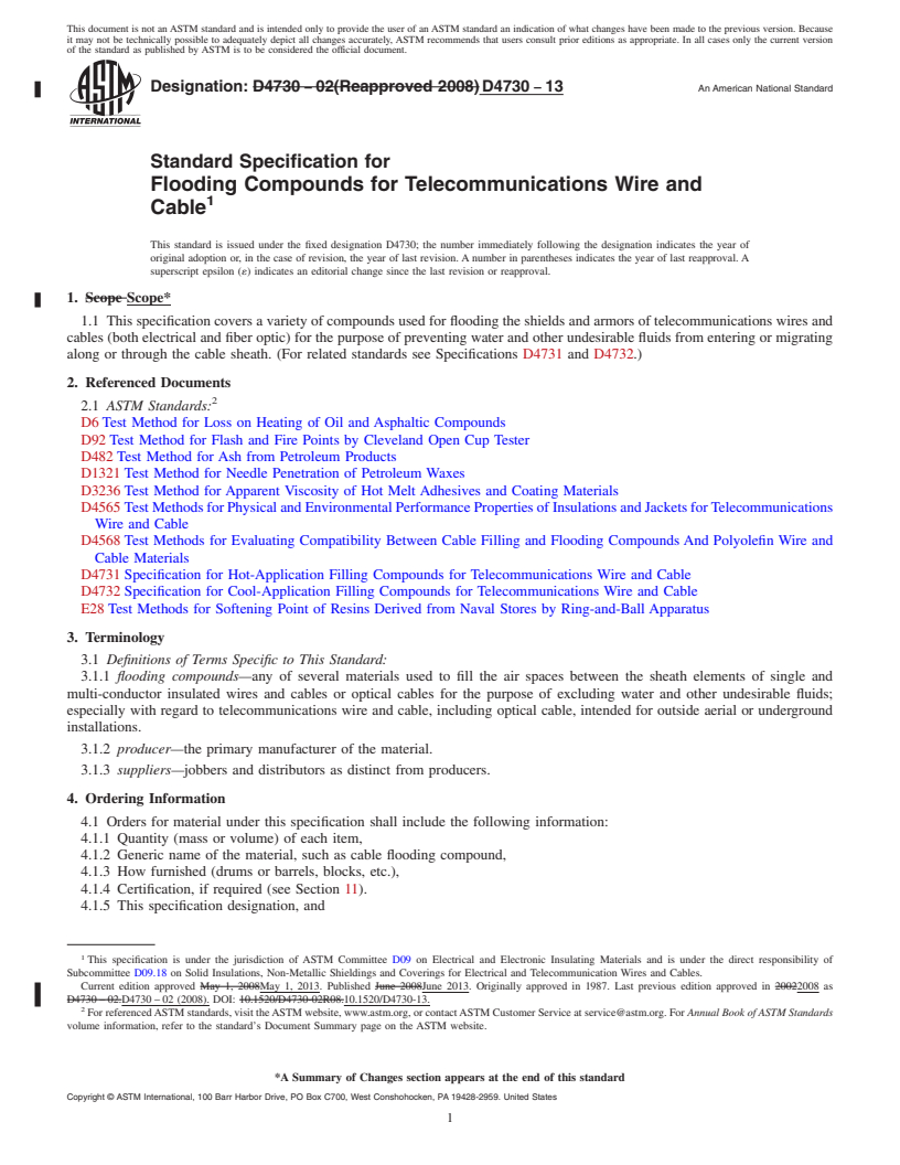 REDLINE ASTM D4730-13 - Standard Specification for  Flooding Compounds for Telecommunications Wire and Cable