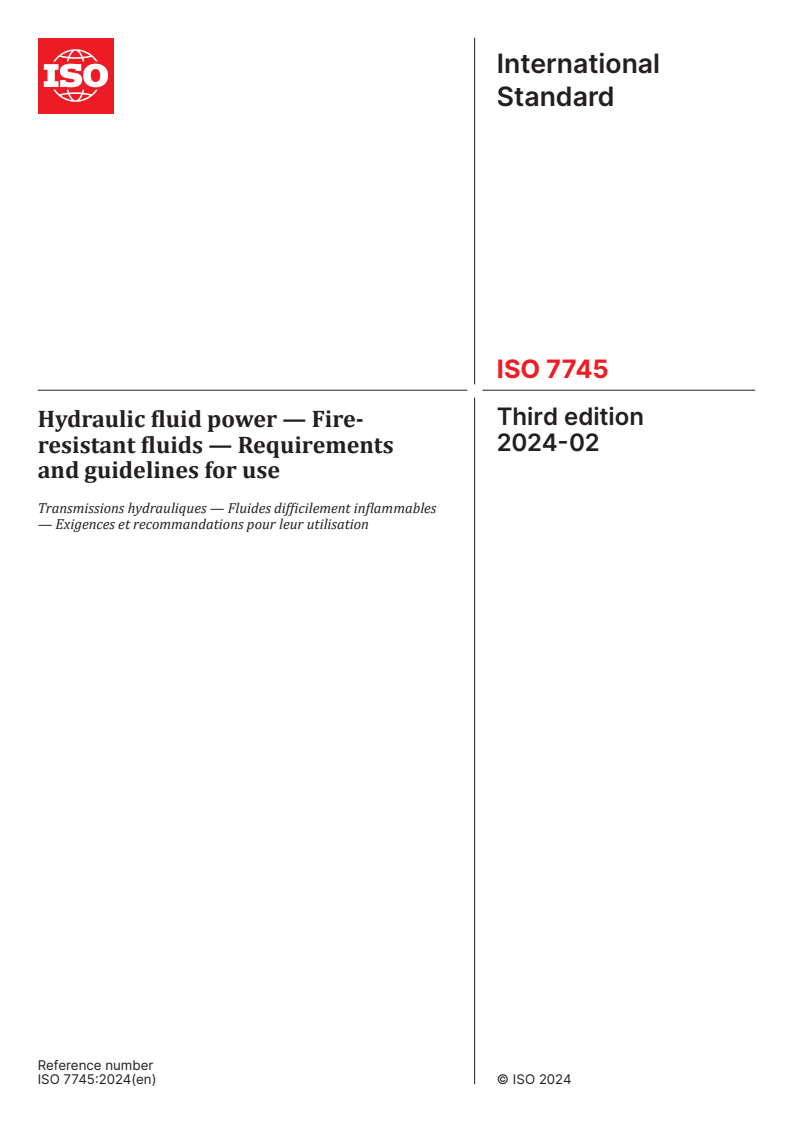 ISO 7745:2024 - Hydraulic fluid power — Fire-resistant fluids — Requirements and guidelines for use
Released:9. 02. 2024