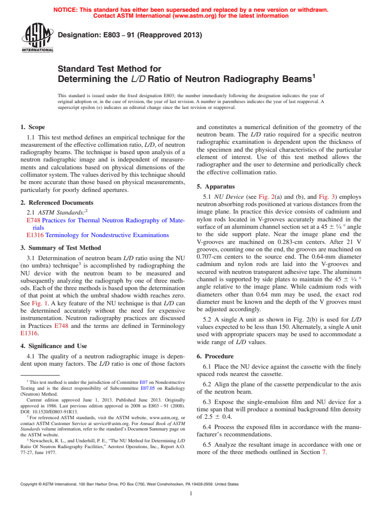 ASTM E803-91(2013) - Standard Test Method for  Determining the <emph type="ital">L/D&#8201;</emph>Ratio of Neutron  Radiography Beams