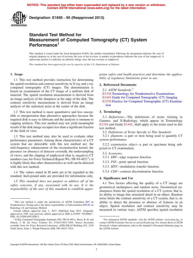 ASTM E1695-95(2013) - Standard Test Method for  Measurement of Computed Tomography (CT) System Performance