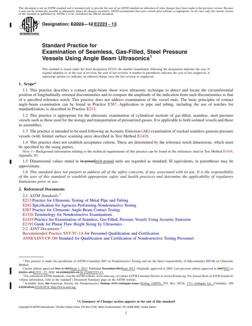 REDLINE ASTM E2223-13 - Standard Practice for  Examination of Seamless, Gas-Filled, Steel Pressure Vessels  Using Angle Beam Ultrasonics