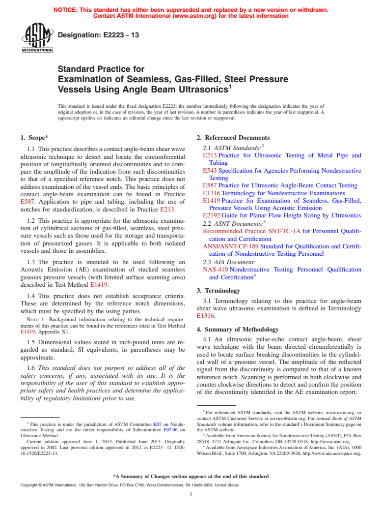 ASTM E2223-13 - Standard Practice for  Examination of Seamless, Gas-Filled, Steel Pressure Vessels  Using Angle Beam Ultrasonics