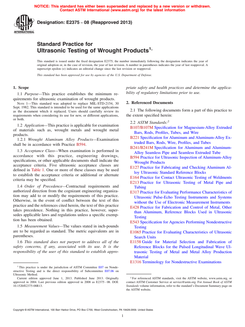 ASTM E2375-08(2013) - Standard Practice for  Ultrasonic Testing of Wrought Products