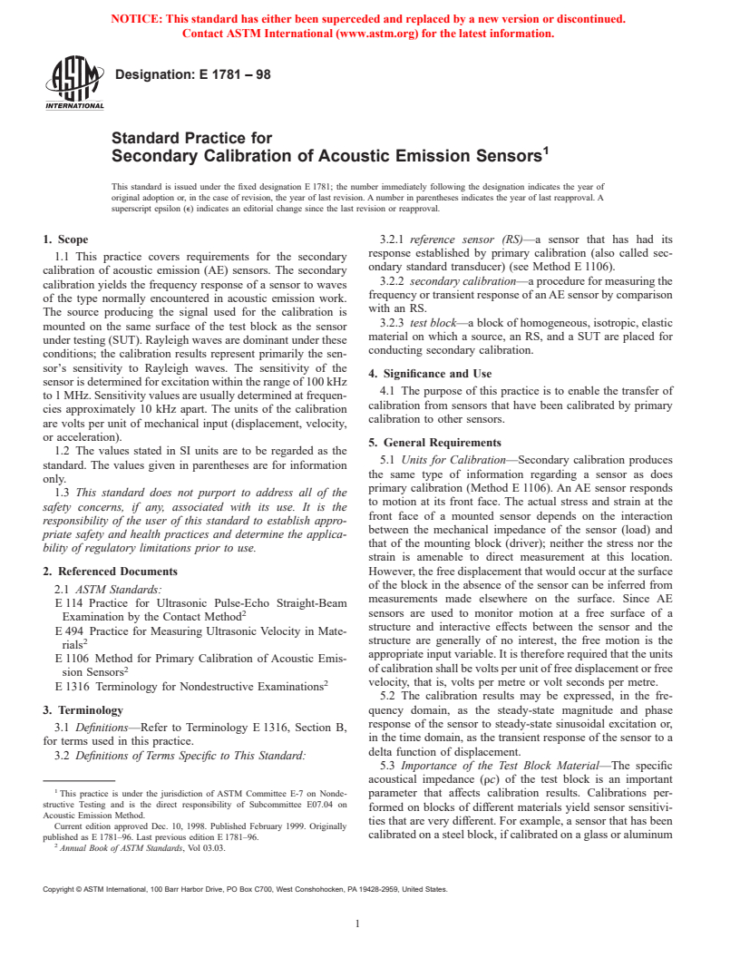 ASTM E1781-98 - Standard Practice for Secondary Calibration of Acoustic Emission Sensors