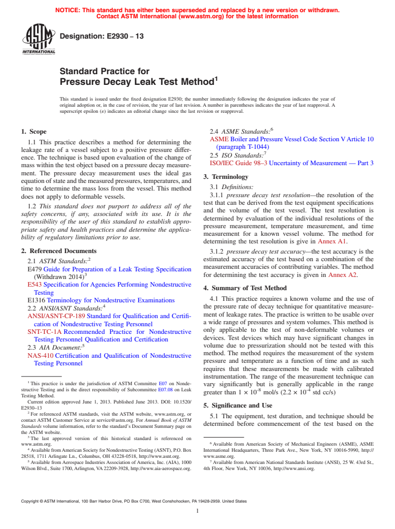 ASTM E2930-13 - Standard Practice for Pressure Decay Leak Test Method