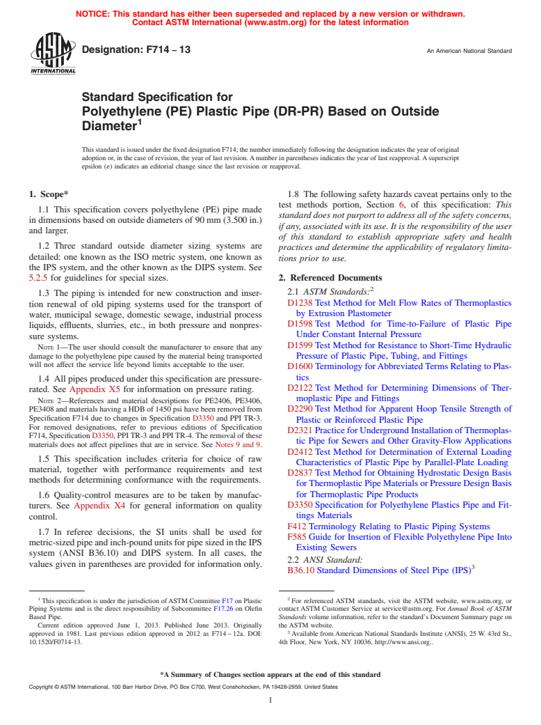 ASTM F714-13 - Standard Specification for  Polyethylene (PE) Plastic Pipe (DR-PR) Based on Outside Diameter