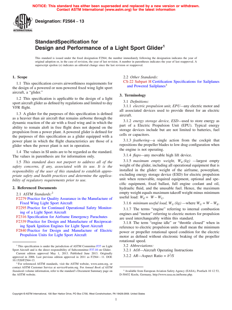 ASTM F2564-13 - Standard Specification for  Design and Performance of a Light Sport Glider