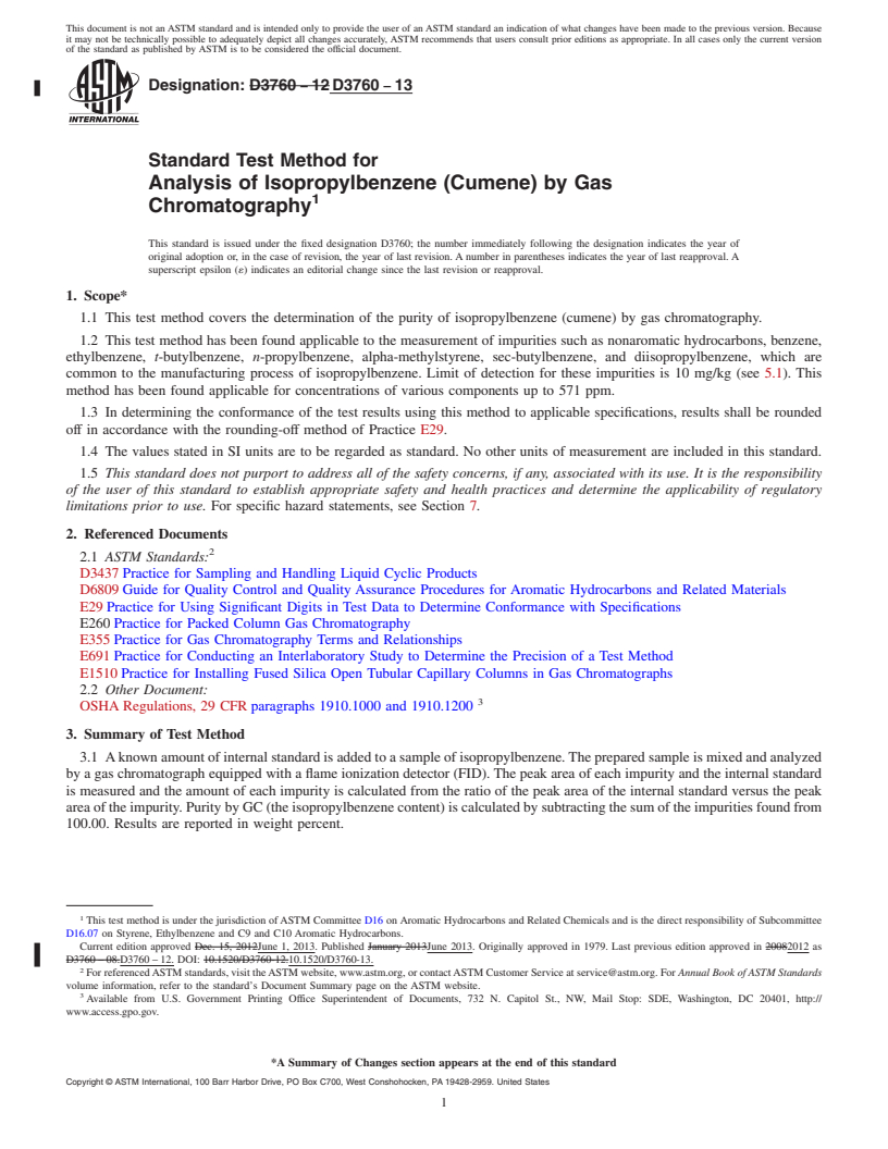 REDLINE ASTM D3760-13 - Standard Test Method for Analysis of Isopropylbenzene (Cumene) by Gas Chromatography