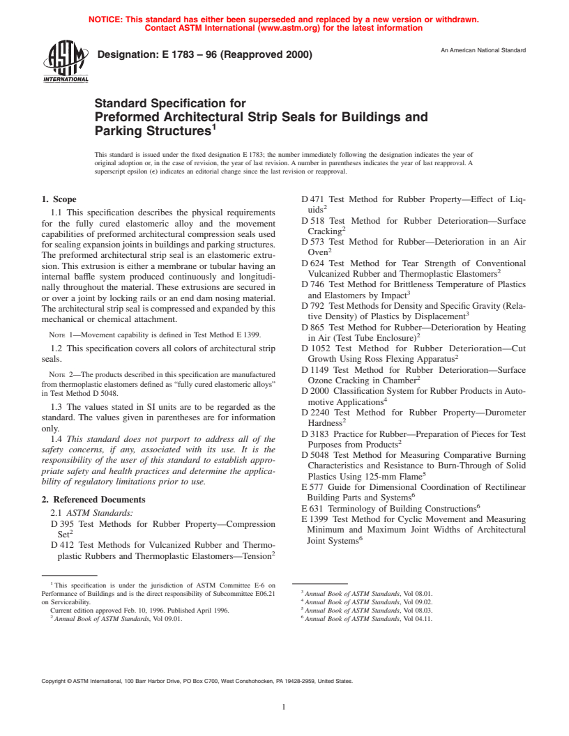 ASTM E1783-96(2000) - Standard Specification for Preformed Architectural Strip Seals for Buildings and Parking Structures