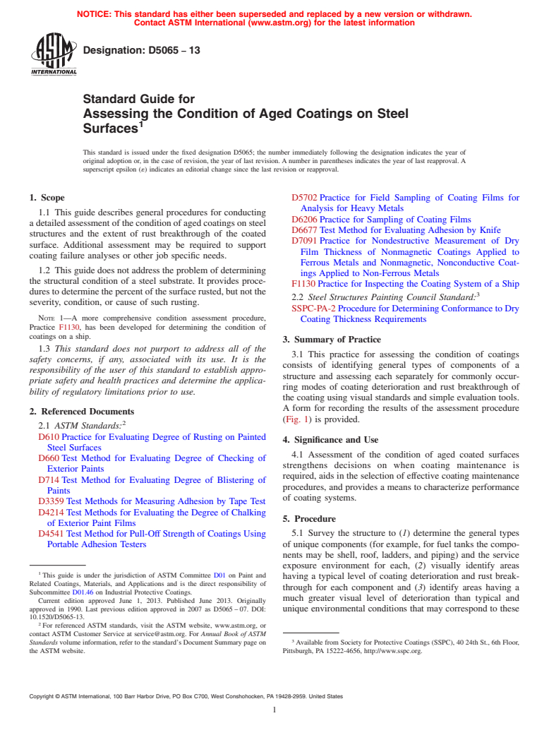 ASTM D5065-13 - Standard Guide for Assessing the Condition of Aged Coatings on Steel Surfaces