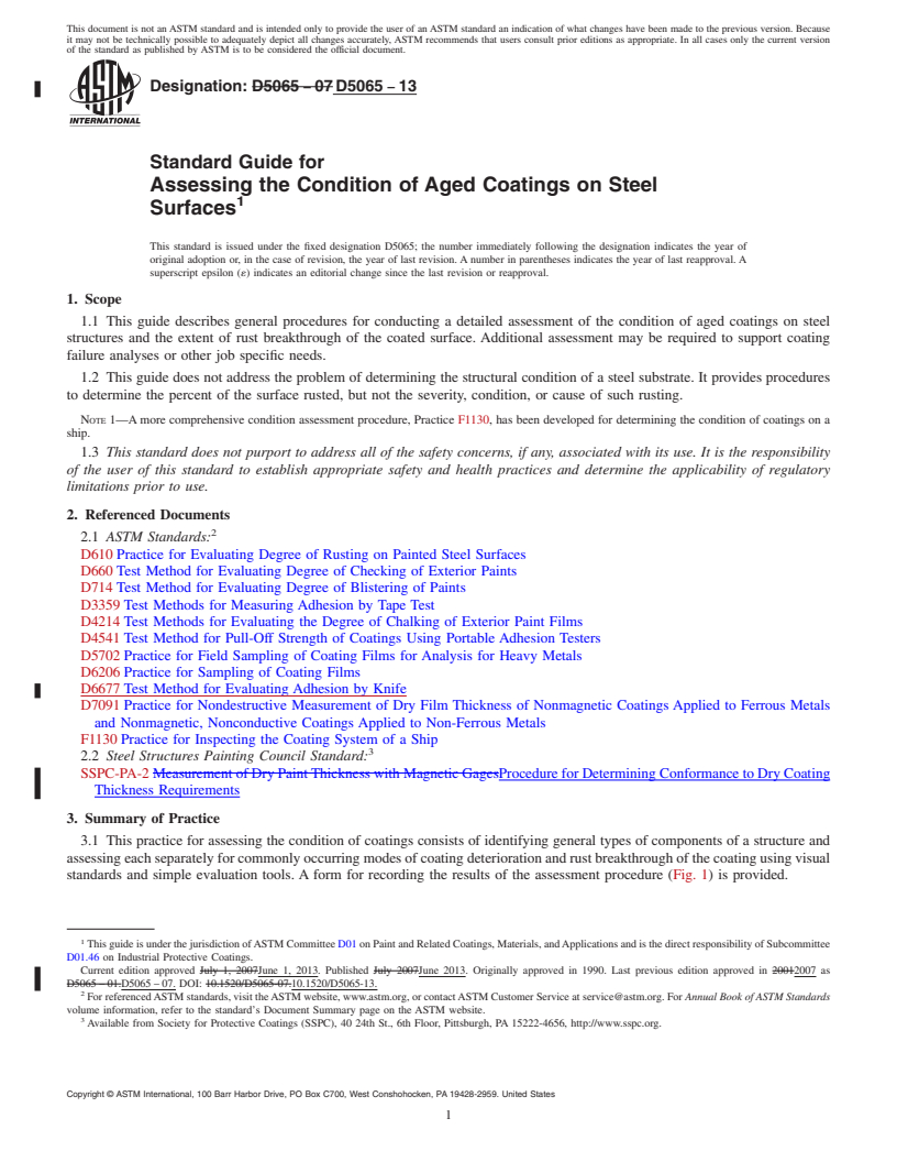 REDLINE ASTM D5065-13 - Standard Guide for Assessing the Condition of Aged Coatings on Steel Surfaces