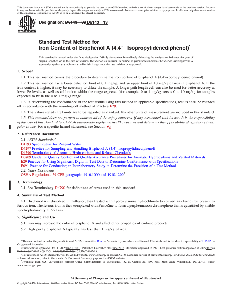 REDLINE ASTM D6143-13 - Standard Test Method for Iron Content of Bisphenol A (4,4<emph type="bdit">&prime;</emph  > - Isopropylidenediphenol)