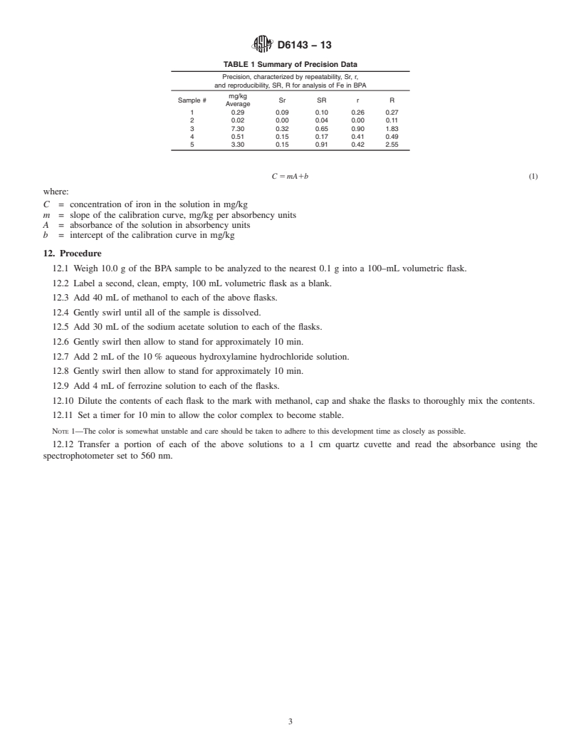 REDLINE ASTM D6143-13 - Standard Test Method for Iron Content of Bisphenol A (4,4<emph type="bdit">&prime;</emph  > - Isopropylidenediphenol)