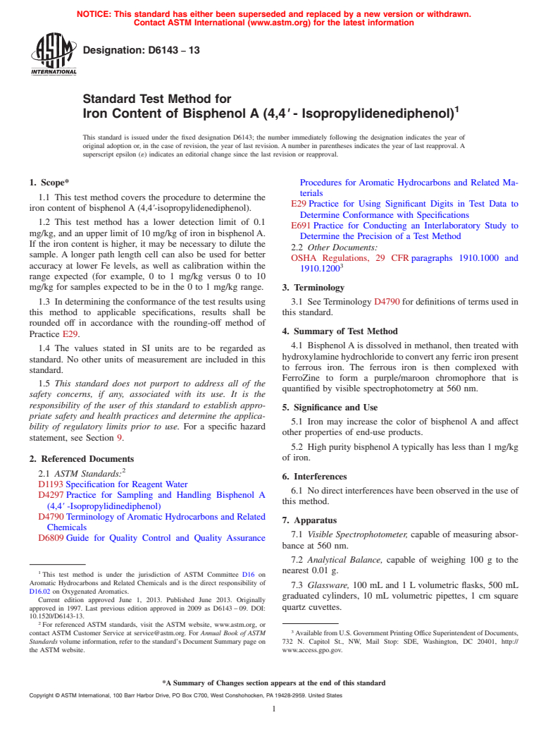 ASTM D6143-13 - Standard Test Method for Iron Content of Bisphenol A (4,4<emph type="bdit">&prime;</emph  > - Isopropylidenediphenol)