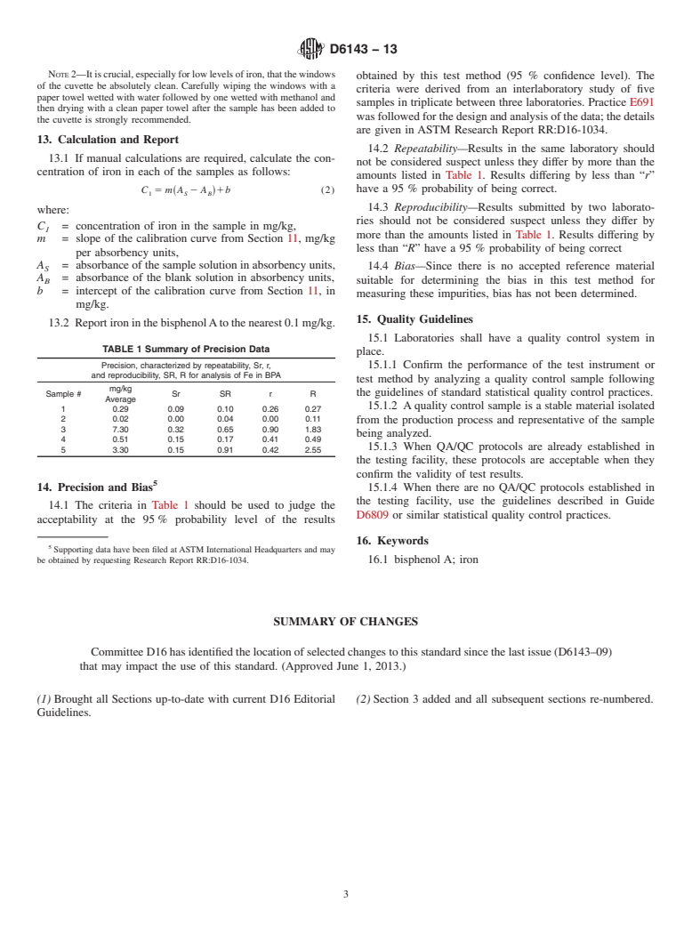 ASTM D6143-13 - Standard Test Method for Iron Content of Bisphenol A (4,4<emph type="bdit">&prime;</emph  > - Isopropylidenediphenol)