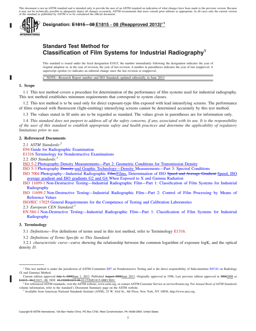 REDLINE ASTM E1815-08(2013)e1 - Standard Test Method for Classification of Film Systems for Industrial Radiography