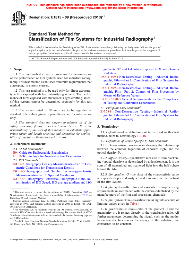 ASTM E1815-08(2013)e1 - Standard Test Method for Classification of Film Systems for Industrial Radiography