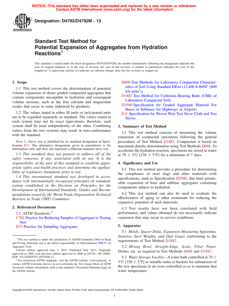 ASTM D4792/D4792M-13 - Standard Test Method for Potential Expansion of Aggregates from Hydration Reactions