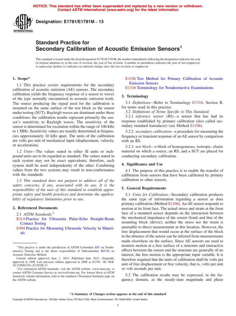 ASTM E1781/E1781M-13 - Standard Practice for Secondary Calibration of Acoustic Emission Sensors