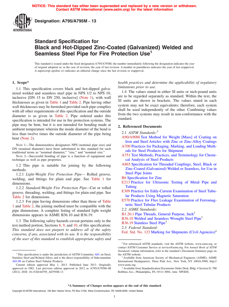 ASTM A795/A795M-13 - Standard Specification for  Black and Hot-Dipped Zinc-Coated (Galvanized) Welded and Seamless  Steel Pipe for Fire Protection Use