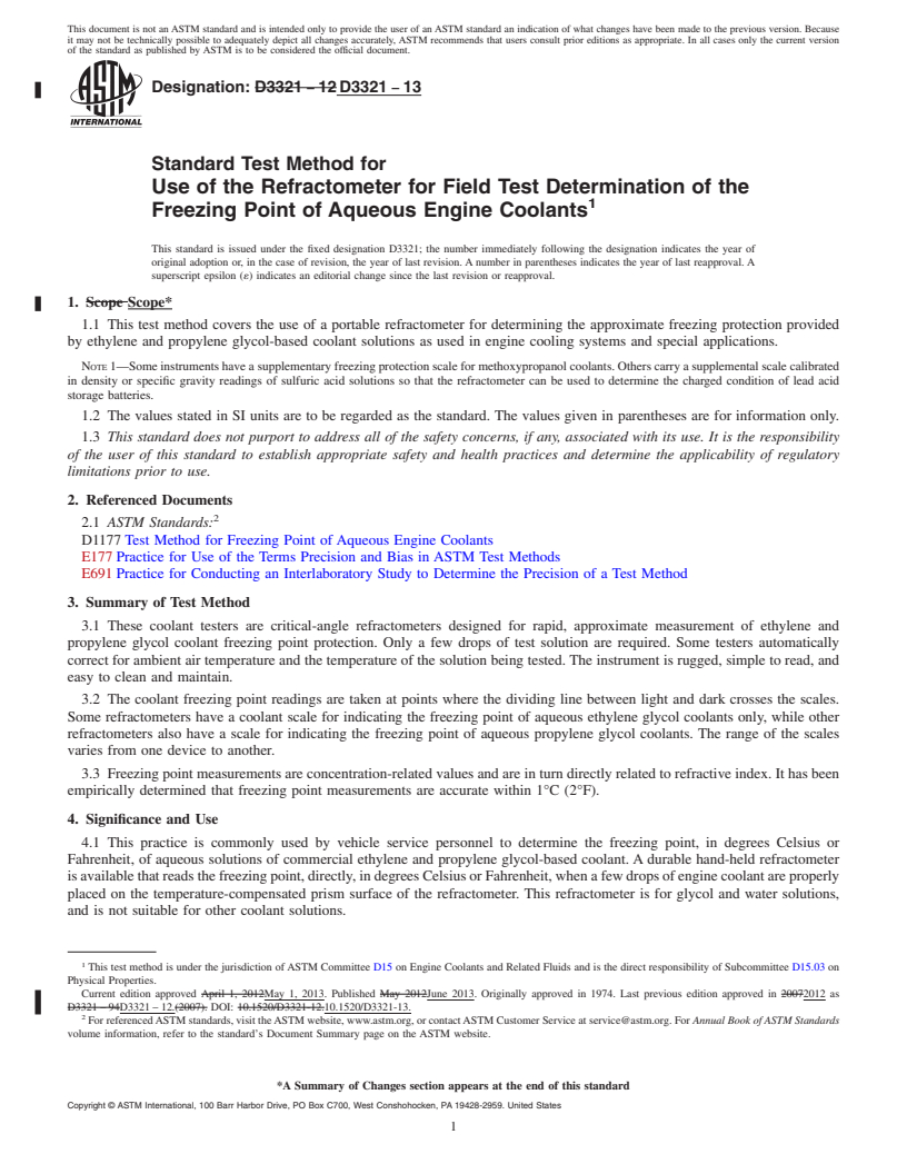 REDLINE ASTM D3321-13 - Standard Test Method for  Use of the Refractometer for Field Test Determination of the  Freezing Point of Aqueous Engine Coolants