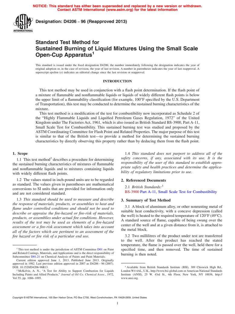 ASTM D4206-96(2013) - Standard Test Method for Sustained Burning of Liquid Mixtures Using the Small Scale   Open-Cup Apparatus