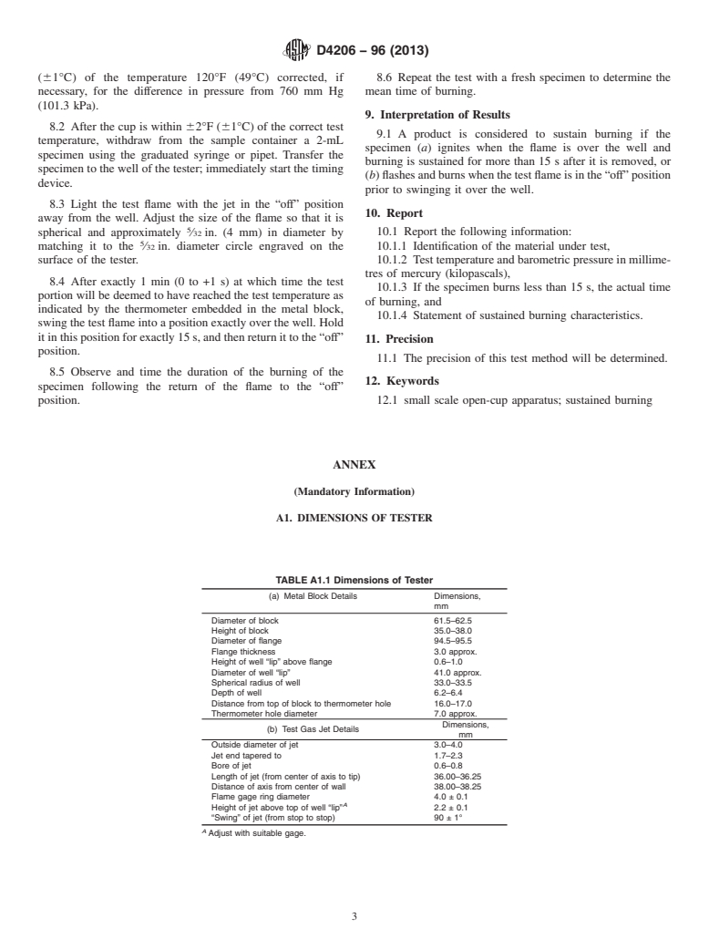 ASTM D4206-96(2013) - Standard Test Method for Sustained Burning of Liquid Mixtures Using the Small Scale   Open-Cup Apparatus