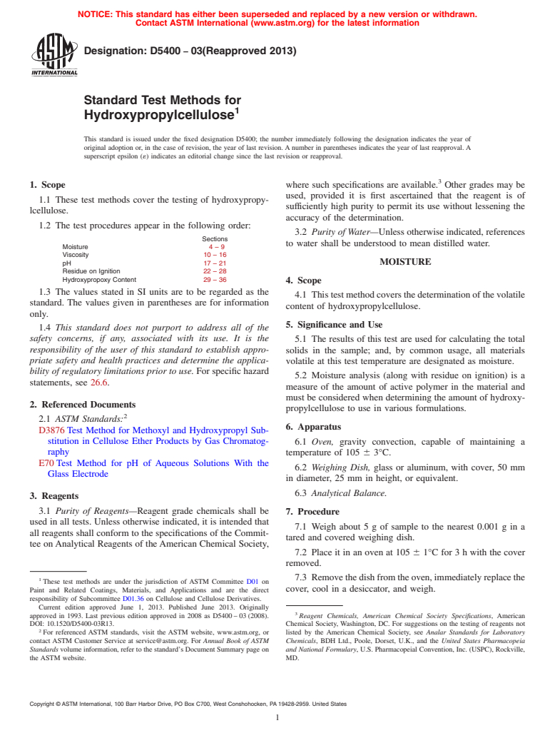 ASTM D5400-03(2013) - Standard Test Methods for Hydroxypropylcellulose