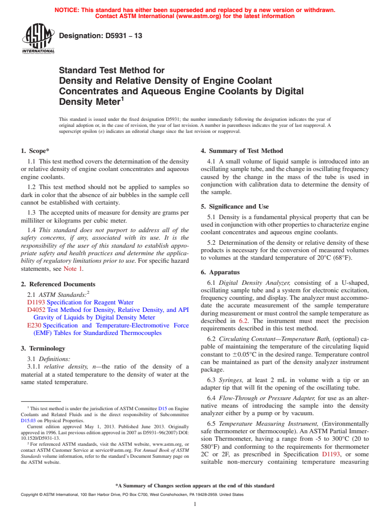 ASTM D5931-13 - Standard Test Method for  Density and Relative Density of Engine Coolant Concentrates  and Aqueous Engine Coolants by Digital Density Meter