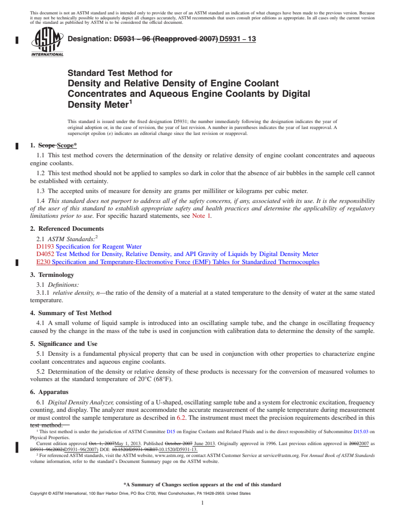 REDLINE ASTM D5931-13 - Standard Test Method for  Density and Relative Density of Engine Coolant Concentrates  and Aqueous Engine Coolants by Digital Density Meter