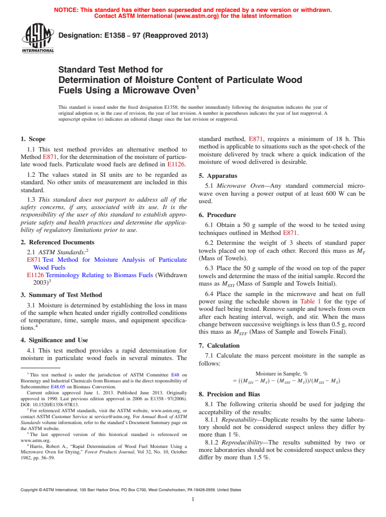 ASTM E1358-97(2013) - Standard Test Method for  Determination of Moisture Content of Particulate Wood Fuels  Using a Microwave Oven