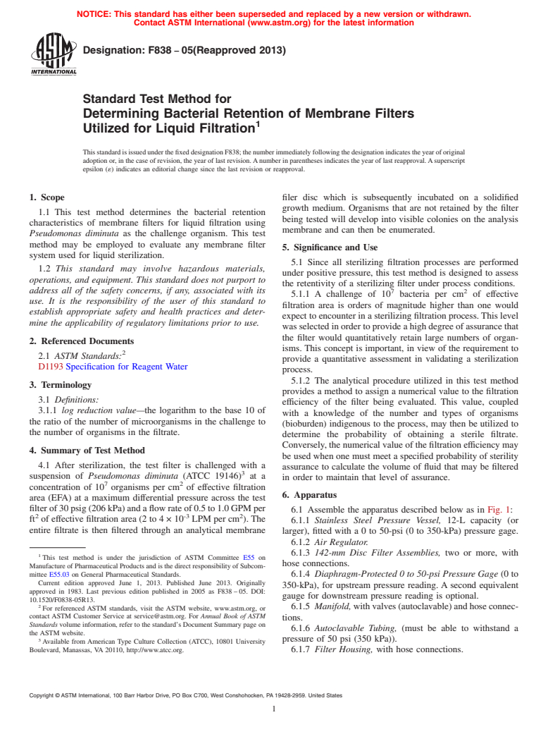 ASTM F838-05(2013) - Standard Test Method for  Determining Bacterial Retention of Membrane Filters Utilized  for Liquid Filtration