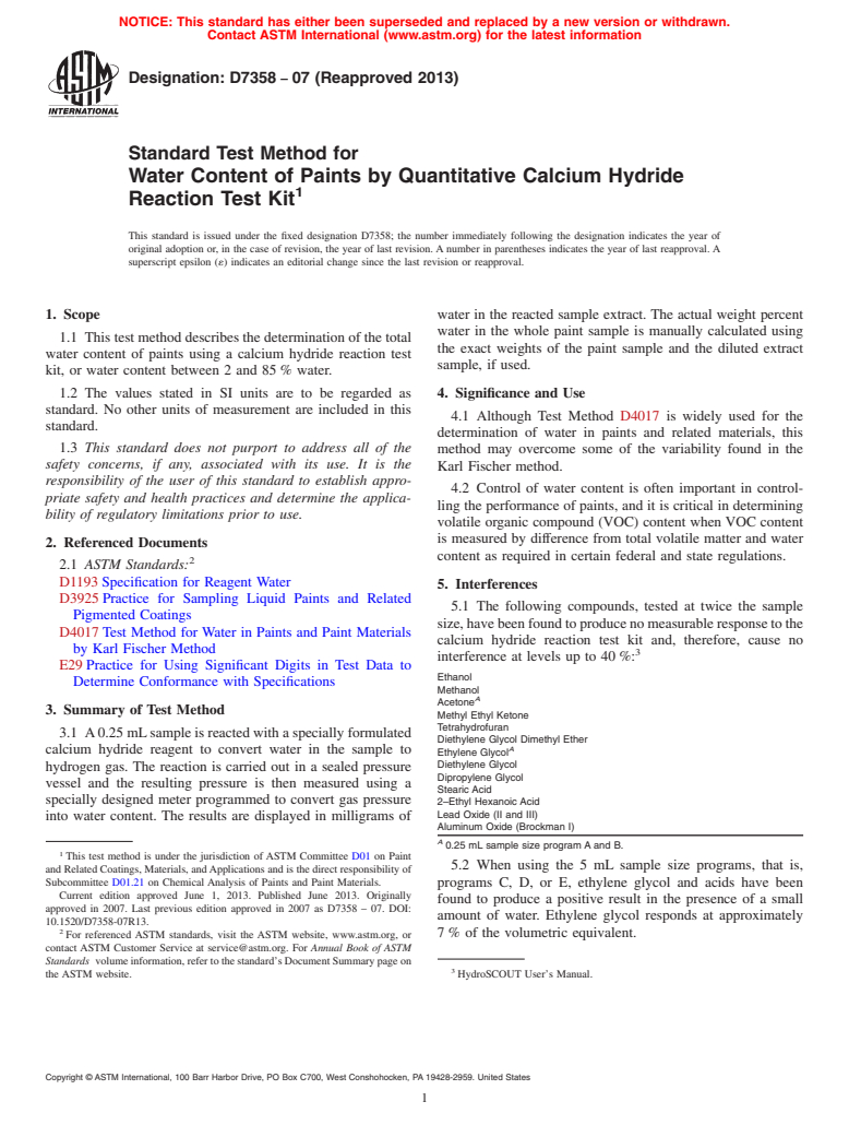 ASTM D7358-07(2013) - Standard Test Method for Water Content of Paints by Quantitative Calcium Hydride  Reaction   Test      Kit