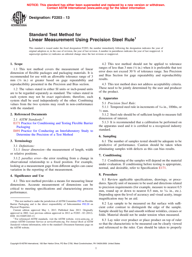 ASTM F2203-13 - Standard Test Method for  Linear Measurement Using Precision Steel Rule