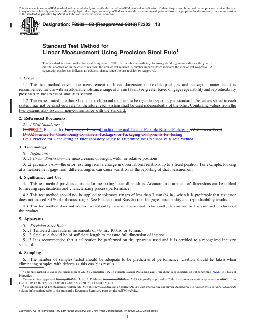 REDLINE ASTM F2203-13 - Standard Test Method for  Linear Measurement Using Precision Steel Rule