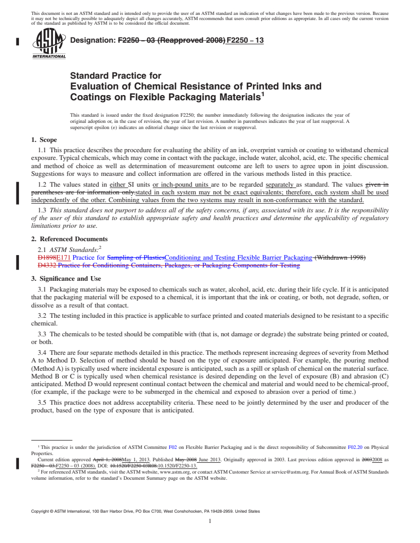 REDLINE ASTM F2250-13 - Standard Practice for  Evaluation of Chemical Resistance of Printed Inks and Coatings   on Flexible Packaging Materials