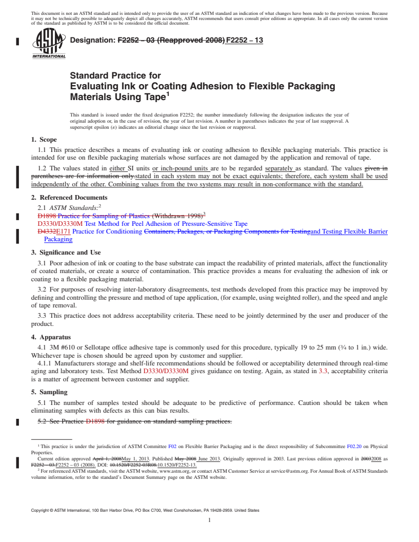 REDLINE ASTM F2252-13 - Standard Practice for  Evaluating Ink or Coating Adhesion to Flexible Packaging Materials   Using Tape