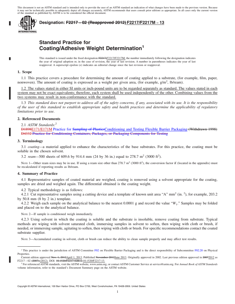 REDLINE ASTM F2217/F2217M-13 - Standard Practice for Coating/Adhesive Weight Determination