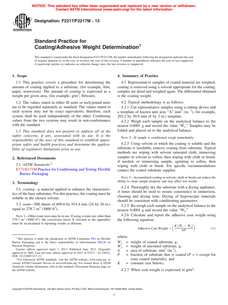 ASTM F2217/F2217M-13 - Standard Practice for Coating/Adhesive Weight Determination