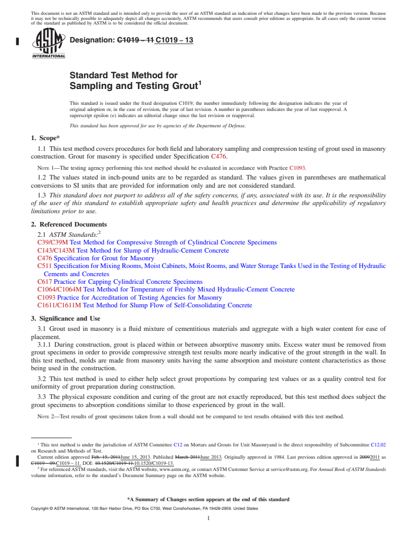 REDLINE ASTM C1019-13 - Standard Test Method for  Sampling and Testing Grout