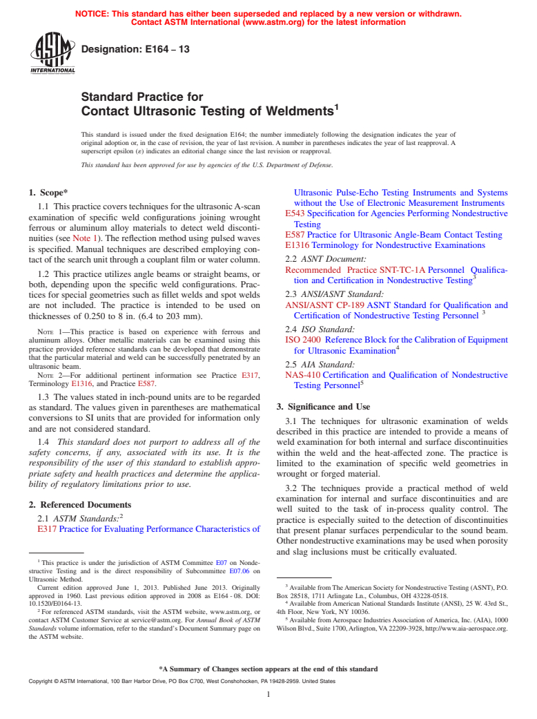 ASTM E164-13 - Standard Practice for  Contact Ultrasonic Testing of Weldments