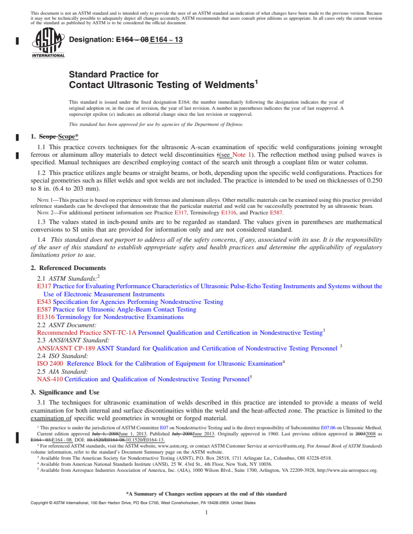 REDLINE ASTM E164-13 - Standard Practice for  Contact Ultrasonic Testing of Weldments