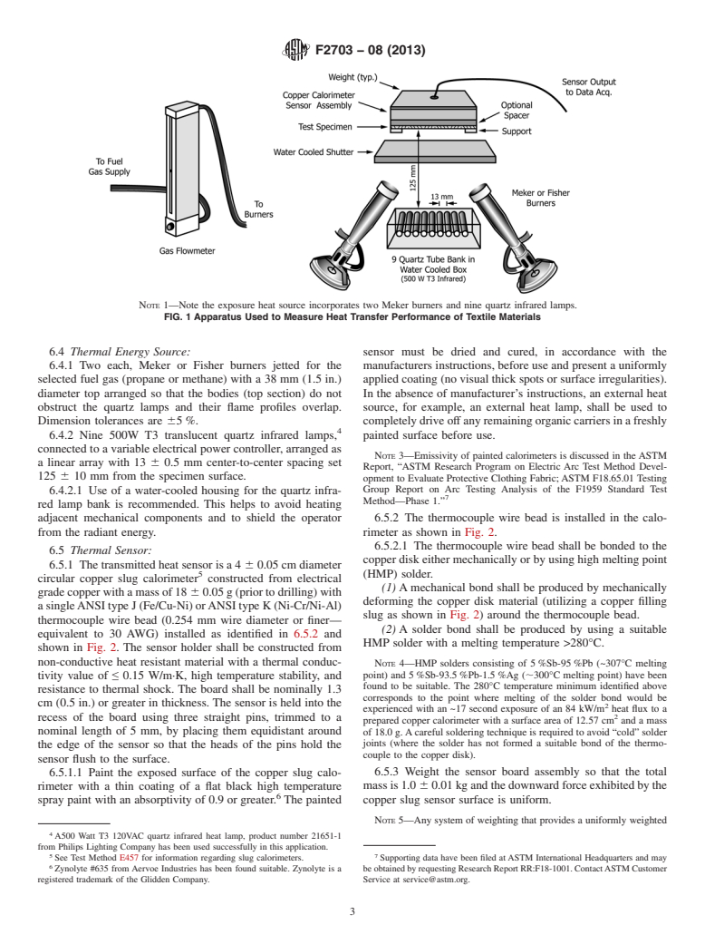 ASTM F2703-08(2013) - Standard Test Method for  Unsteady-State Heat Transfer Evaluation of Flame Resistant  Materials for Clothing with Burn Injury Prediction