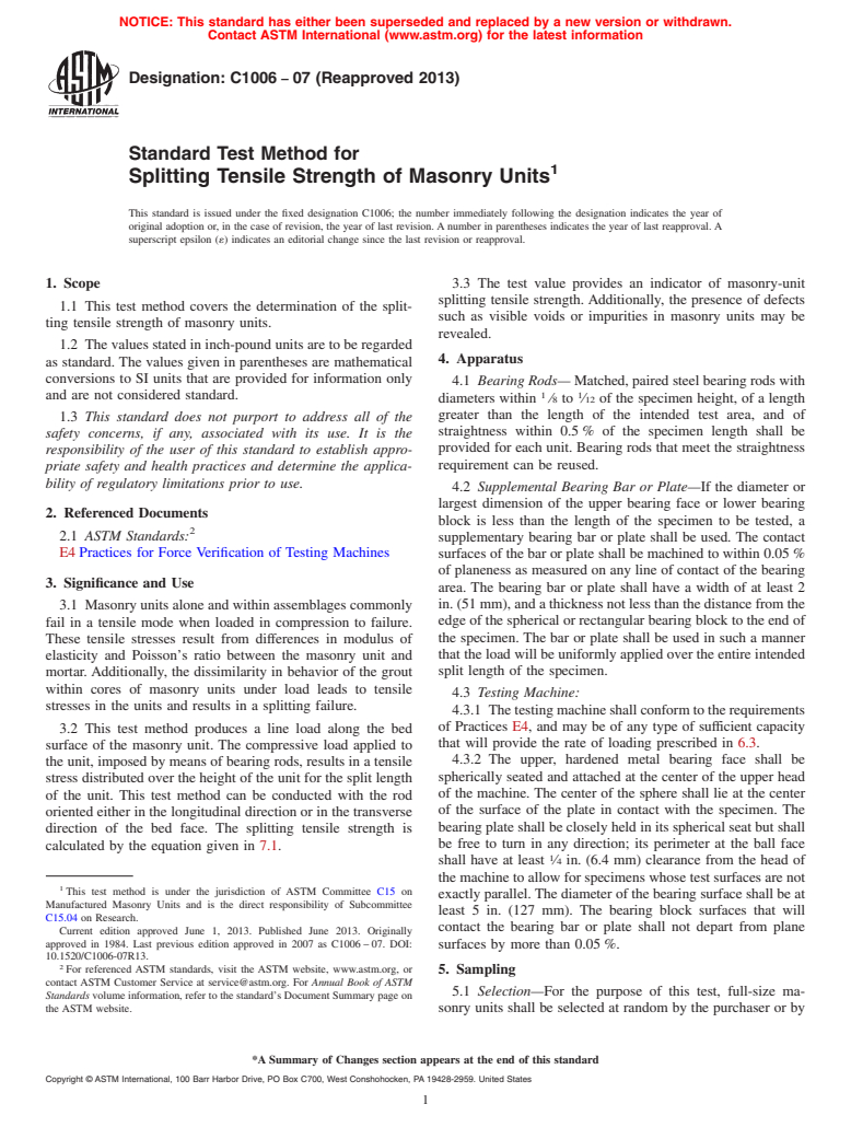 ASTM C1006-07(2013) - Standard Test Method for  Splitting Tensile Strength of Masonry Units