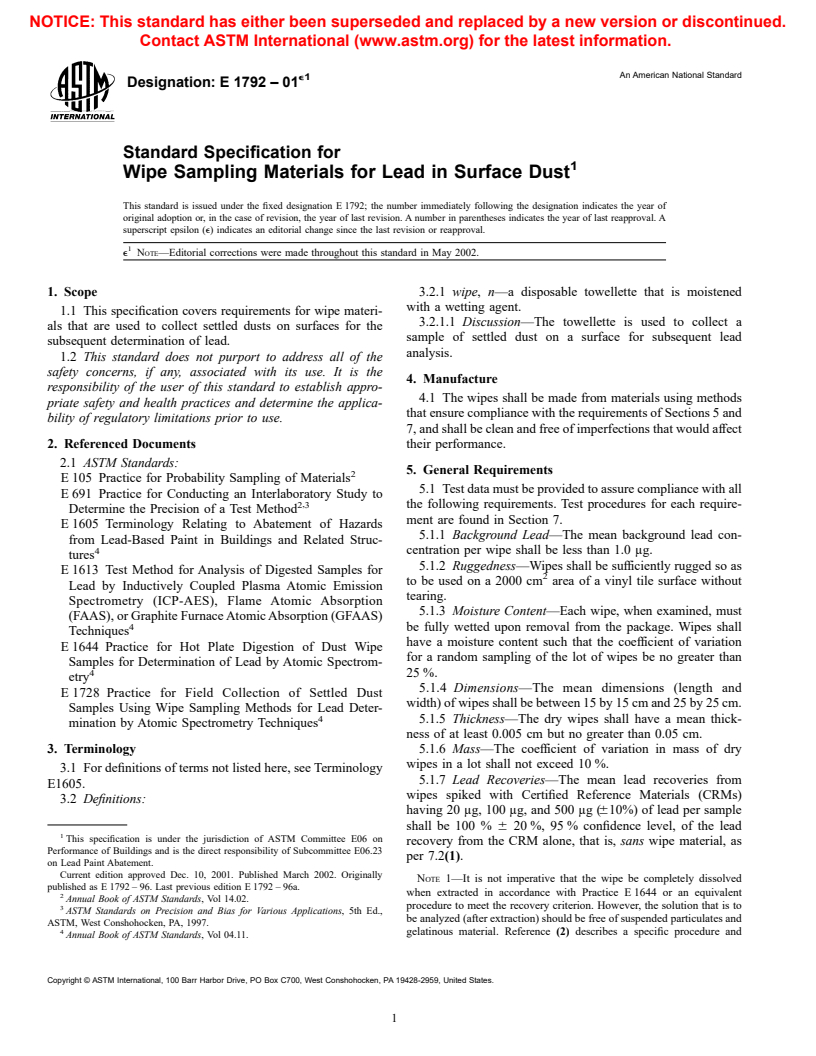 ASTM E1792-01e1 - Standard Specification for Wipe Sampling Materials for Lead in Surface Dust