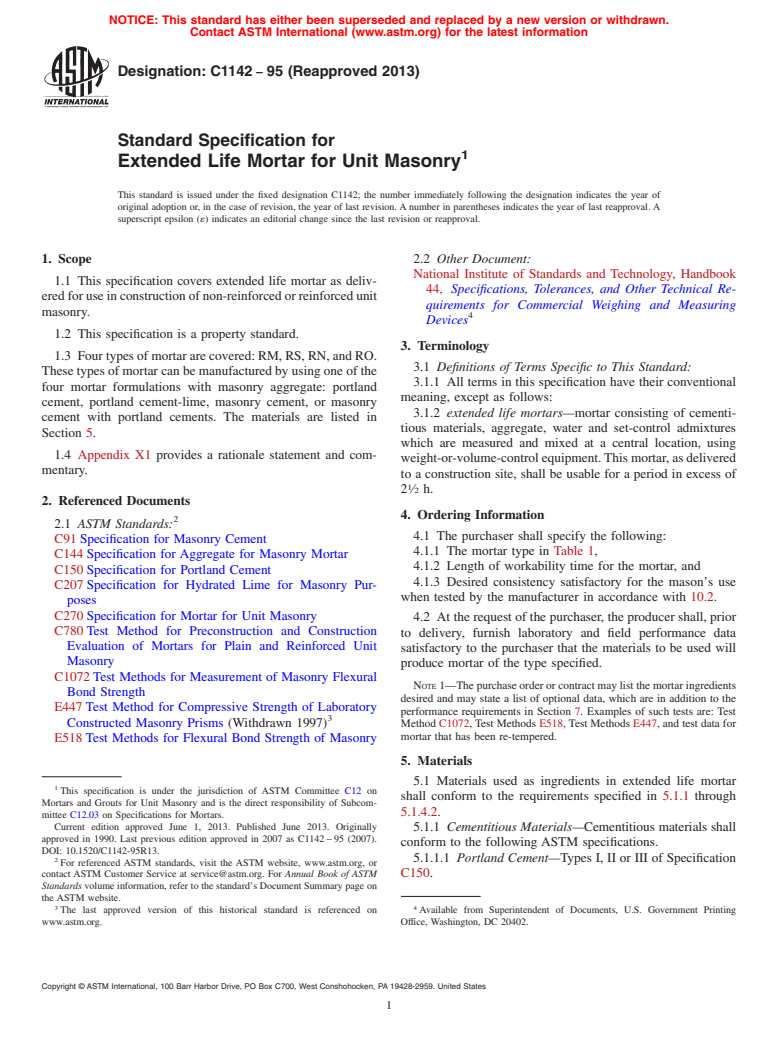 ASTM C1142-95(2013) - Standard Specification for  Extended Life Mortar for Unit Masonry (Withdrawn 2019)