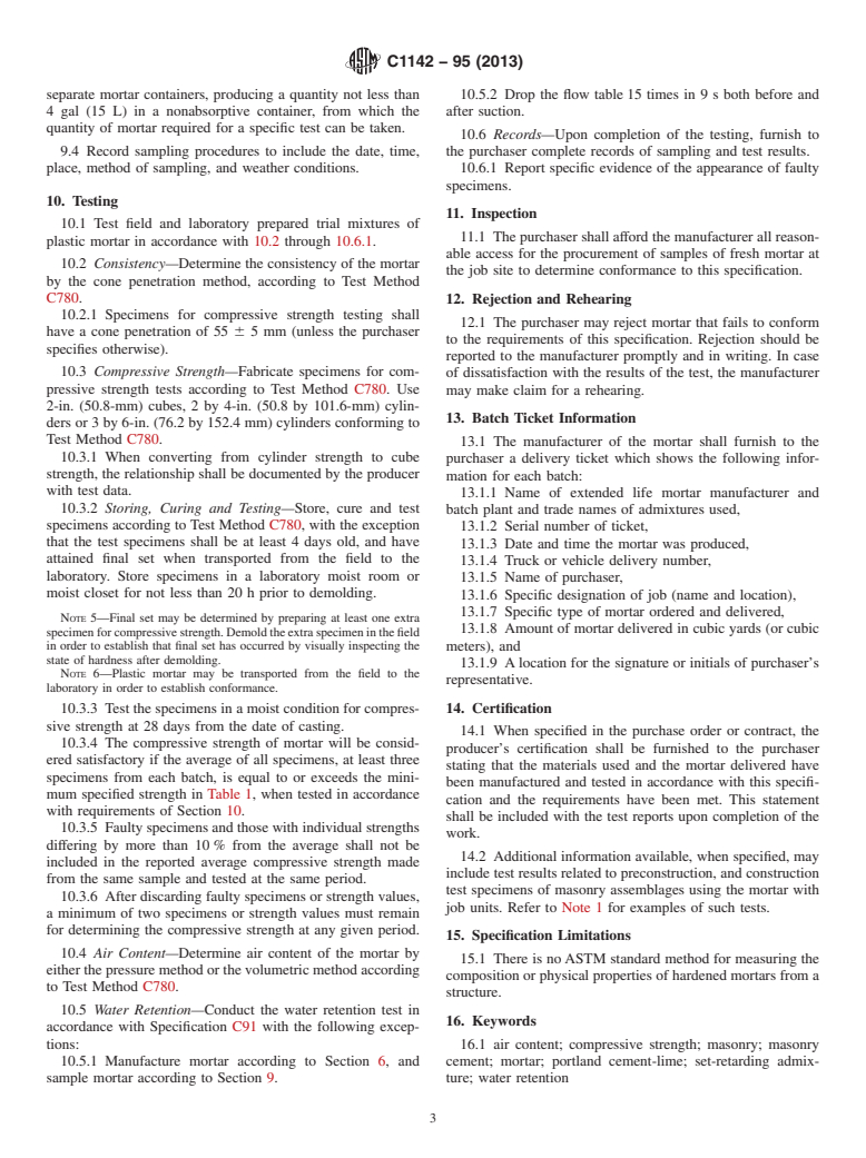 ASTM C1142-95(2013) - Standard Specification for  Extended Life Mortar for Unit Masonry (Withdrawn 2019)